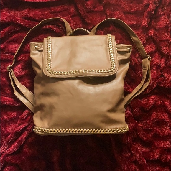 tan leather NY&C backpack with gold chain detail - Picture 1 of 5